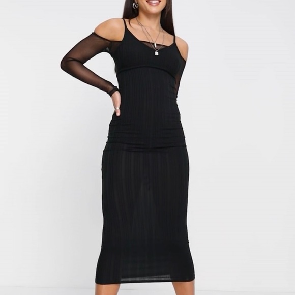 Topshop Tall mesh off the shoulder rib cut out dress in black 🖤 XL / 14 🖤 BNWT - Picture 7 of 14